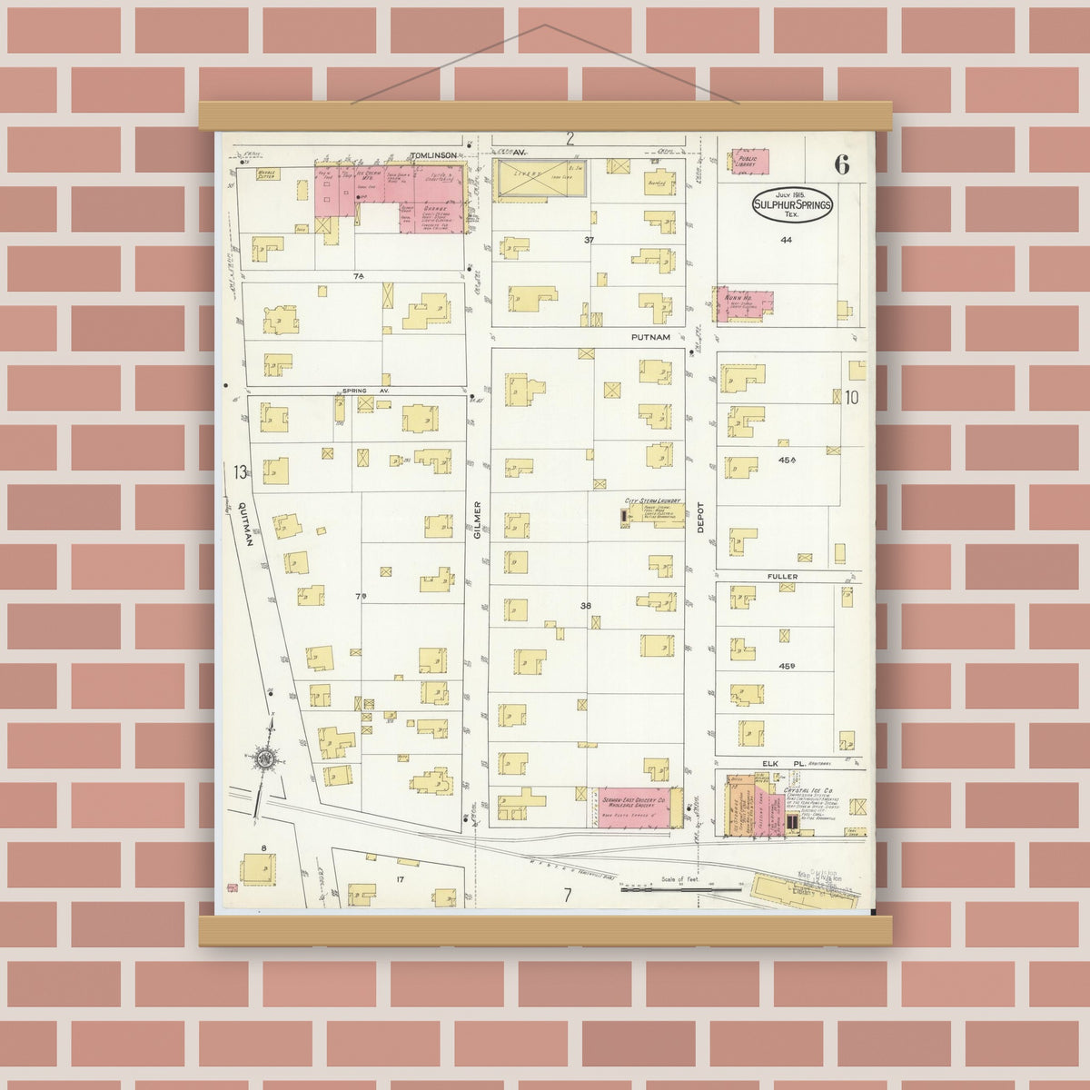 Old map wall art mockup — magnetic wood frame on brick wall — Sanborn Fire Insurance Map from Sulphur Springs, Hopkins County, Texas (1915), Sheet #0006