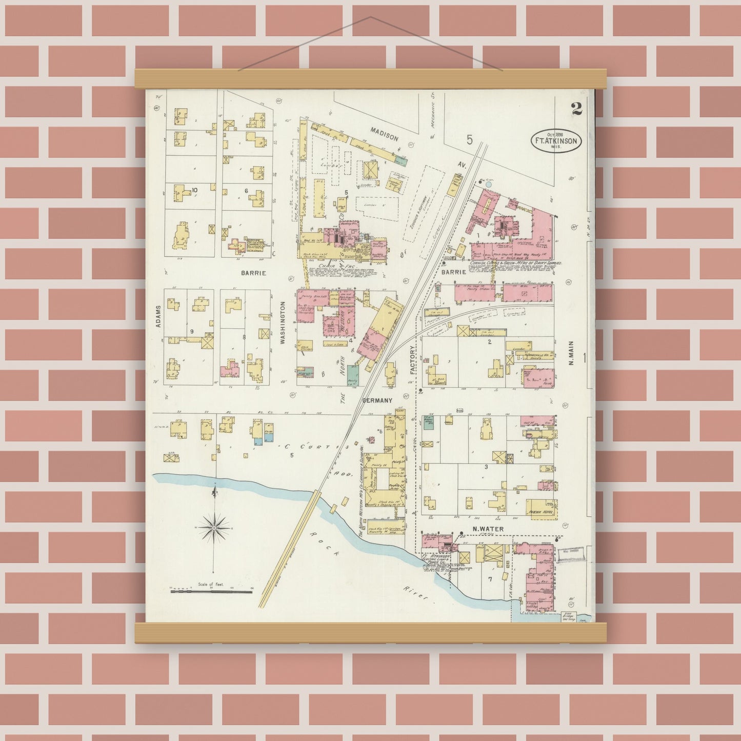 Old map wall art mockup — magnetic wood frame on brick wall — Sanborn Fire Insurance Map from Fort Atkinson, Jefferson County, Wisconsin (1898), Sheet #0002