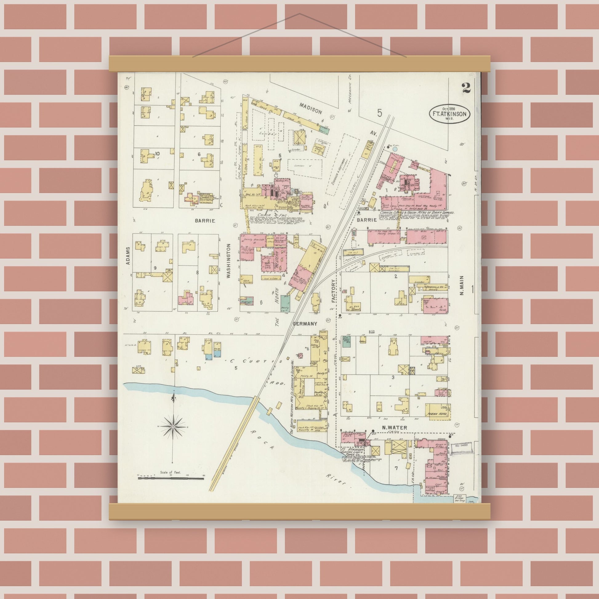 Old map wall art mockup — magnetic wood frame on brick wall — Sanborn Fire Insurance Map from Fort Atkinson, Jefferson County, Wisconsin (1898), Sheet #0002