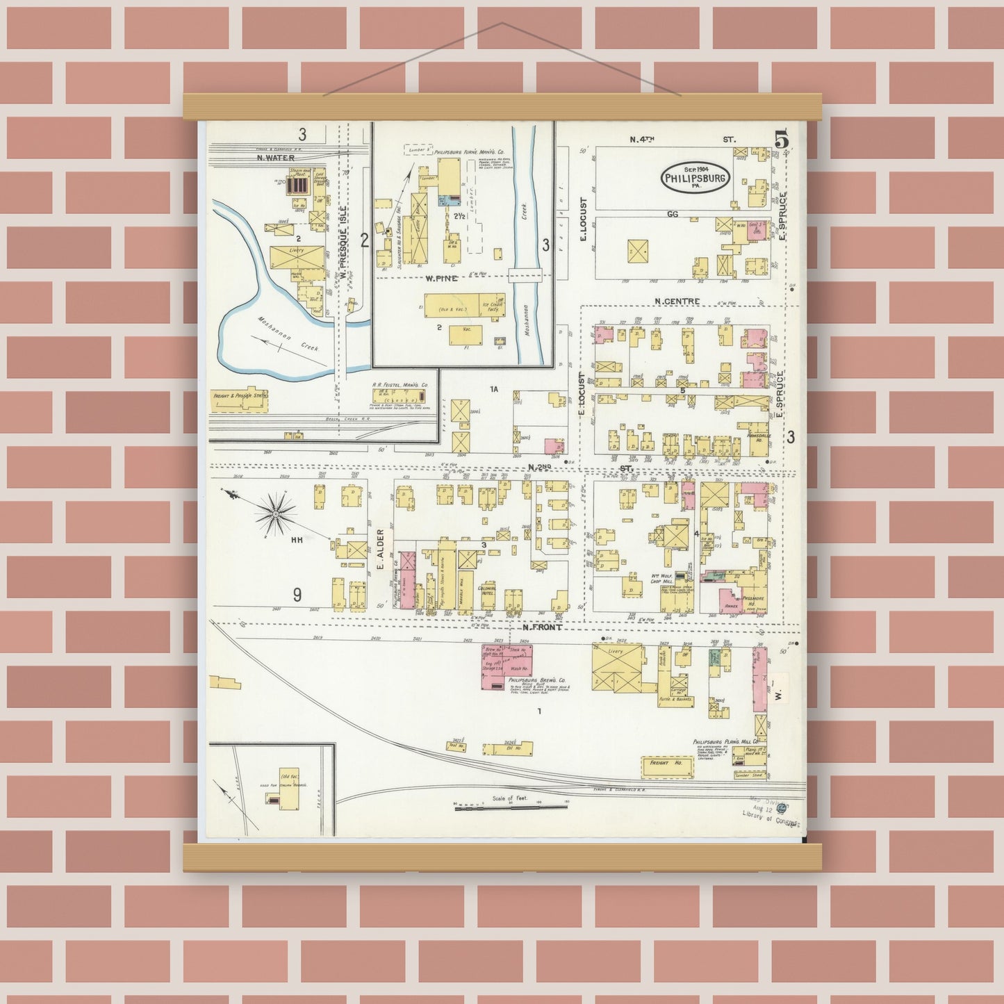 Old map wall art mockup — magnetic wood frame on brick wall — Sanborn Fire Insurance Map from Philipsburg, Centre County, Pennsylvania (1904), Sheet #0005