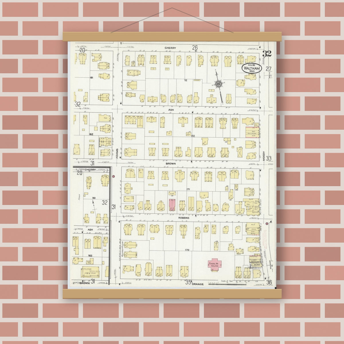 Old map wall art mockup — magnetic wood frame on brick wall — Sanborn Fire Insurance Map from Waltham, Middlesex County, Massachusetts (1911), Sheet #0032