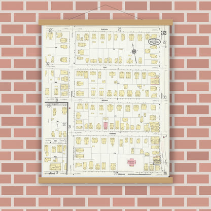 Old map wall art mockup — magnetic wood frame on brick wall — Sanborn Fire Insurance Map from Waltham, Middlesex County, Massachusetts (1911), Sheet #0032