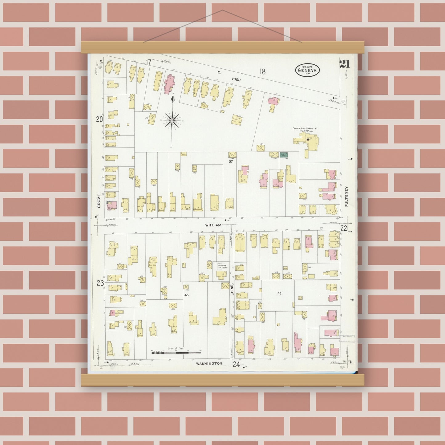Old map wall art mockup — magnetic wood frame on brick wall — Sanborn Fire Insurance Map from Geneva, Ontario County, New York (1909), Sheet #0021