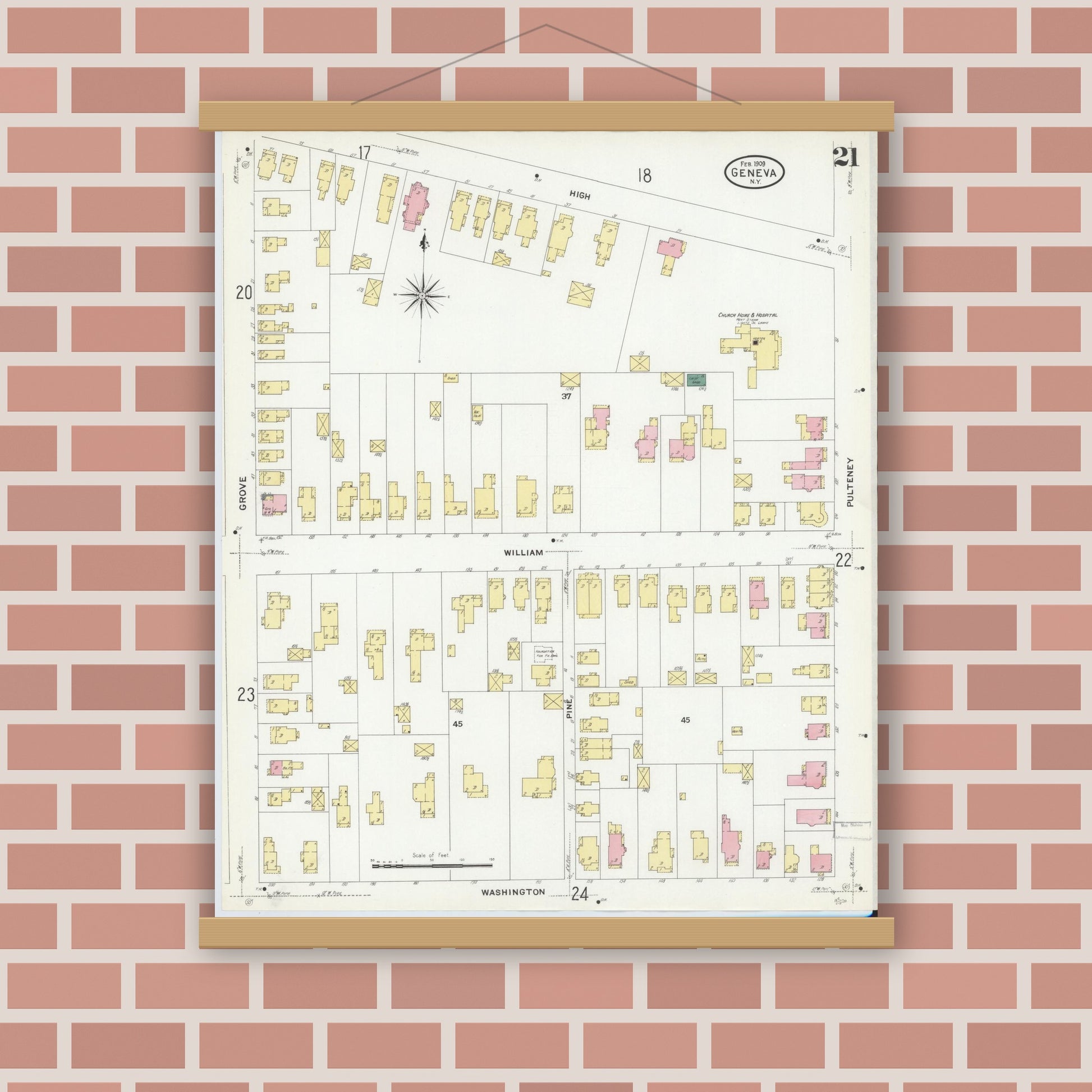 Old map wall art mockup — magnetic wood frame on brick wall — Sanborn Fire Insurance Map from Geneva, Ontario County, New York (1909), Sheet #0021