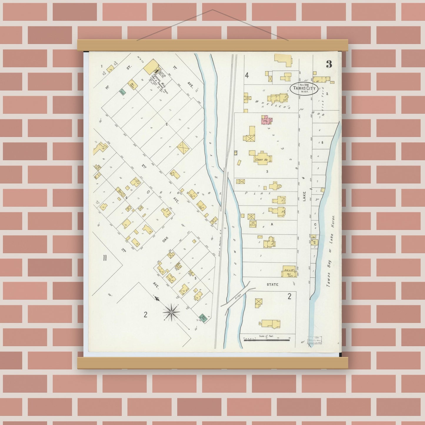 Old map wall art mockup — magnetic wood frame on brick wall — Sanborn Fire Insurance Map from East Tawas, Iosco County, Michigan (1898), Sheet #0003