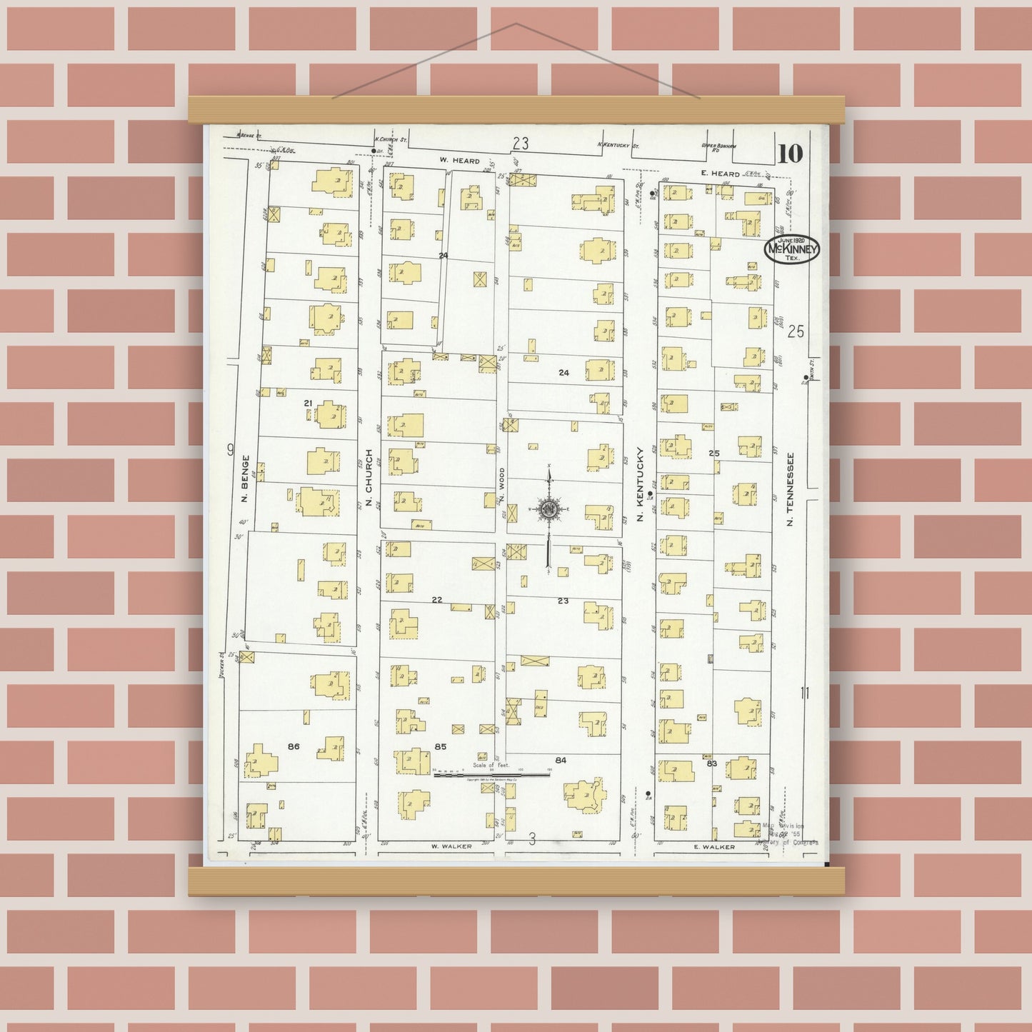 Old map wall art mockup — magnetic wood frame on brick wall — Sanborn Fire Insurance Map from McKinney, Collin County, Texas (1920), Sheet #0010