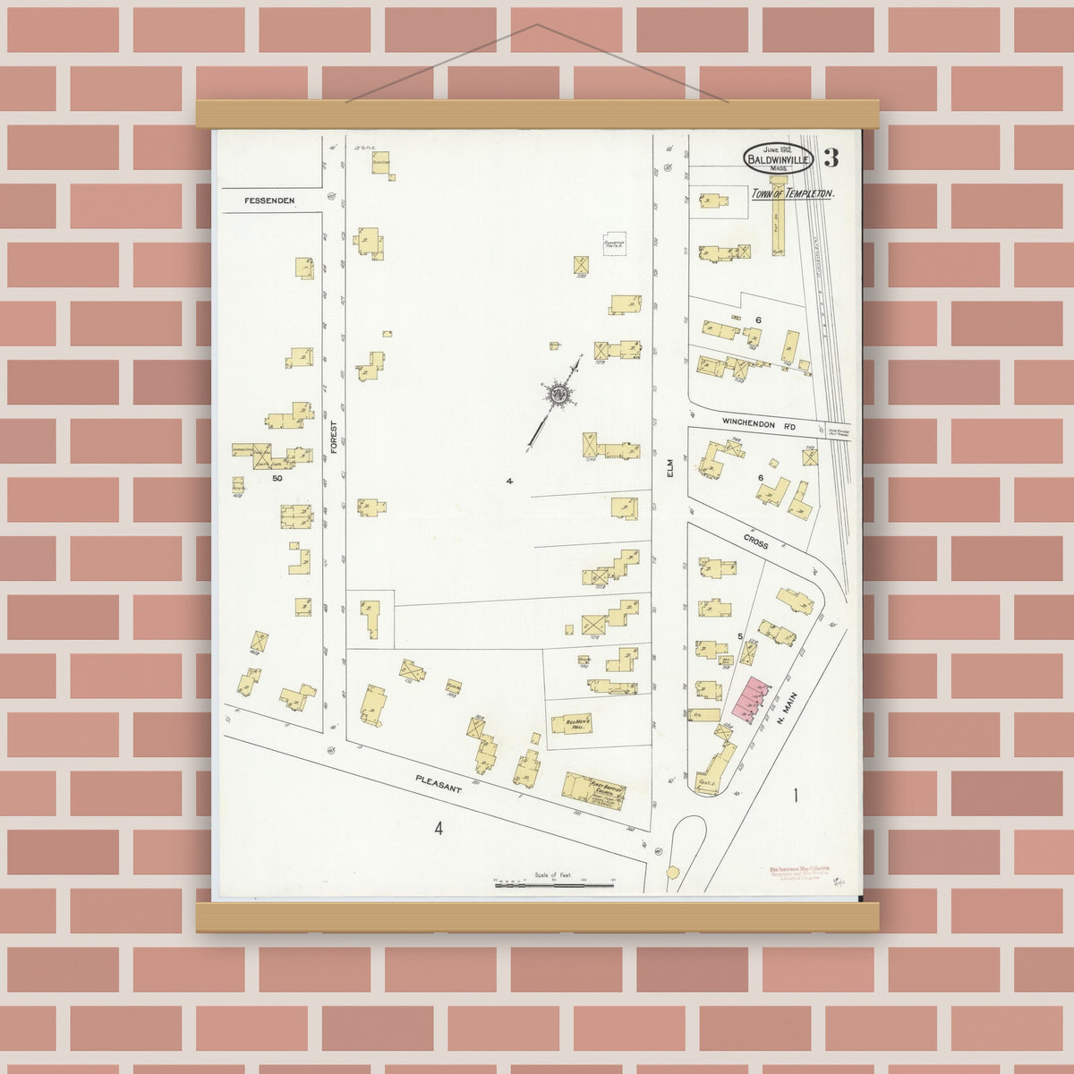 Old map wall art mockup — magnetic wood frame on brick wall — Sanborn Fire Insurance Map from Baldwinville, Worcester County, Massachusetts (1912), Sheet #0003
