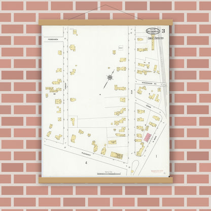 Old map wall art mockup — magnetic wood frame on brick wall — Sanborn Fire Insurance Map from Baldwinville, Worcester County, Massachusetts (1912), Sheet #0003