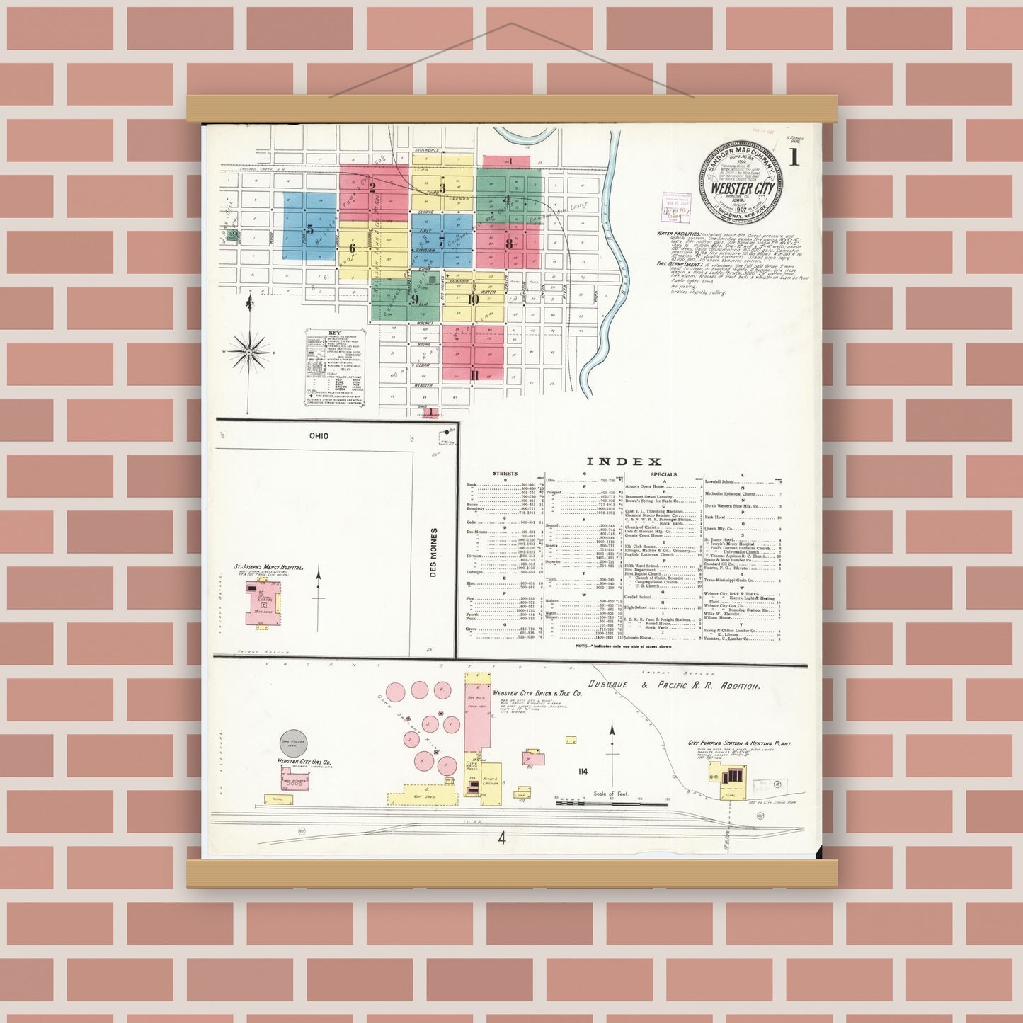 Old map wall art mockup — magnetic wood frame on brick wall — Sanborn Fire Insurance Map from Webster City, Hamilton County, Iowa (1907), Sheet #0001