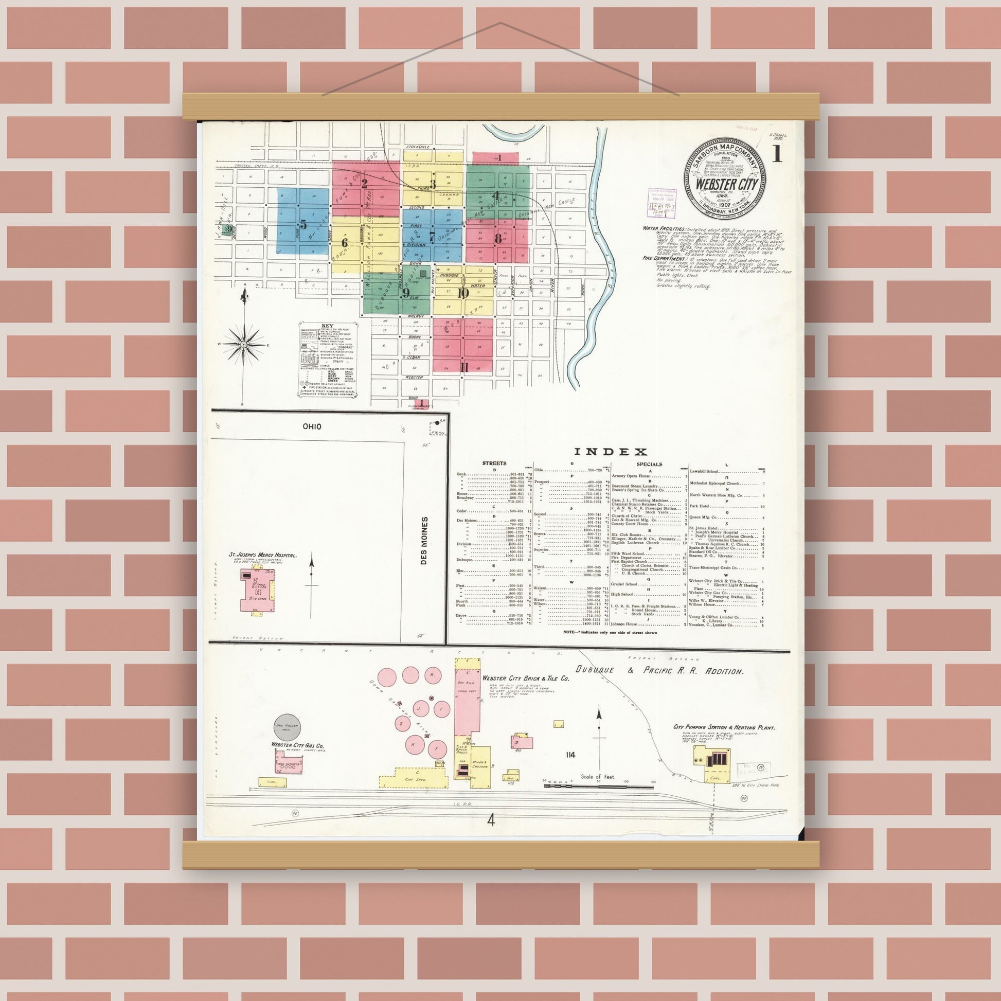 Old map wall art mockup — magnetic wood frame on brick wall — Sanborn Fire Insurance Map from Webster City, Hamilton County, Iowa (1907), Sheet #0001