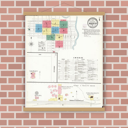 Old map wall art mockup — magnetic wood frame on brick wall — Sanborn Fire Insurance Map from Webster City, Hamilton County, Iowa (1907), Sheet #0001