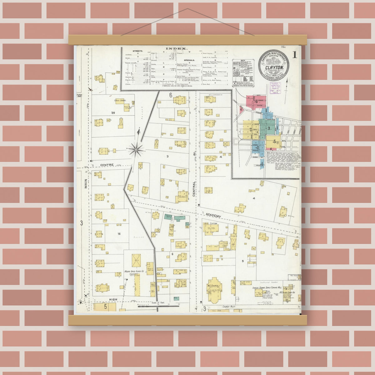 Old map wall art mockup — magnetic wood frame on brick wall — Sanborn Fire Insurance Map from Clayton, Gloucester County, New Jersey (1905), Sheet #0001