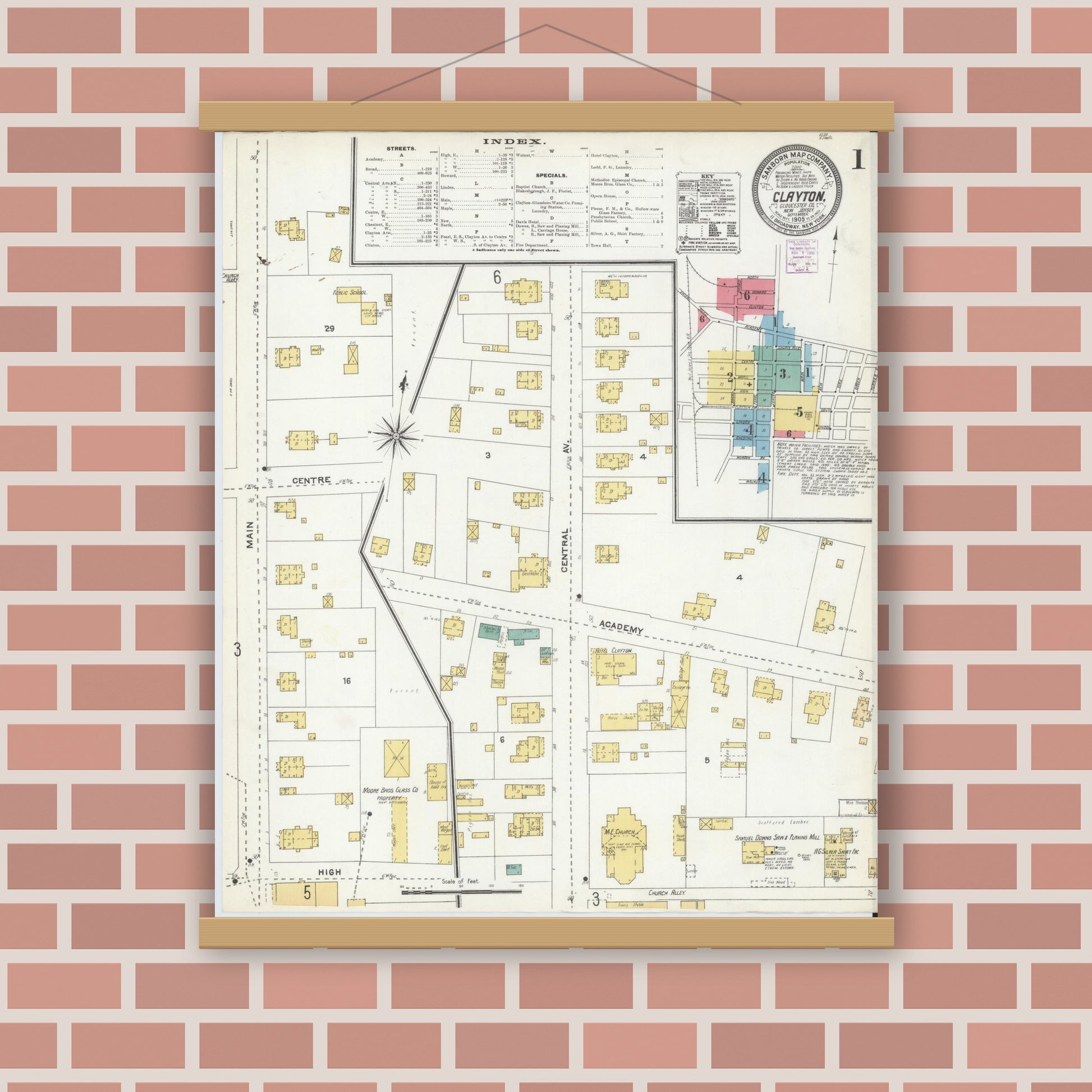 Old map wall art mockup — magnetic wood frame on brick wall — Sanborn Fire Insurance Map from Clayton, Gloucester County, New Jersey (1905), Sheet #0001