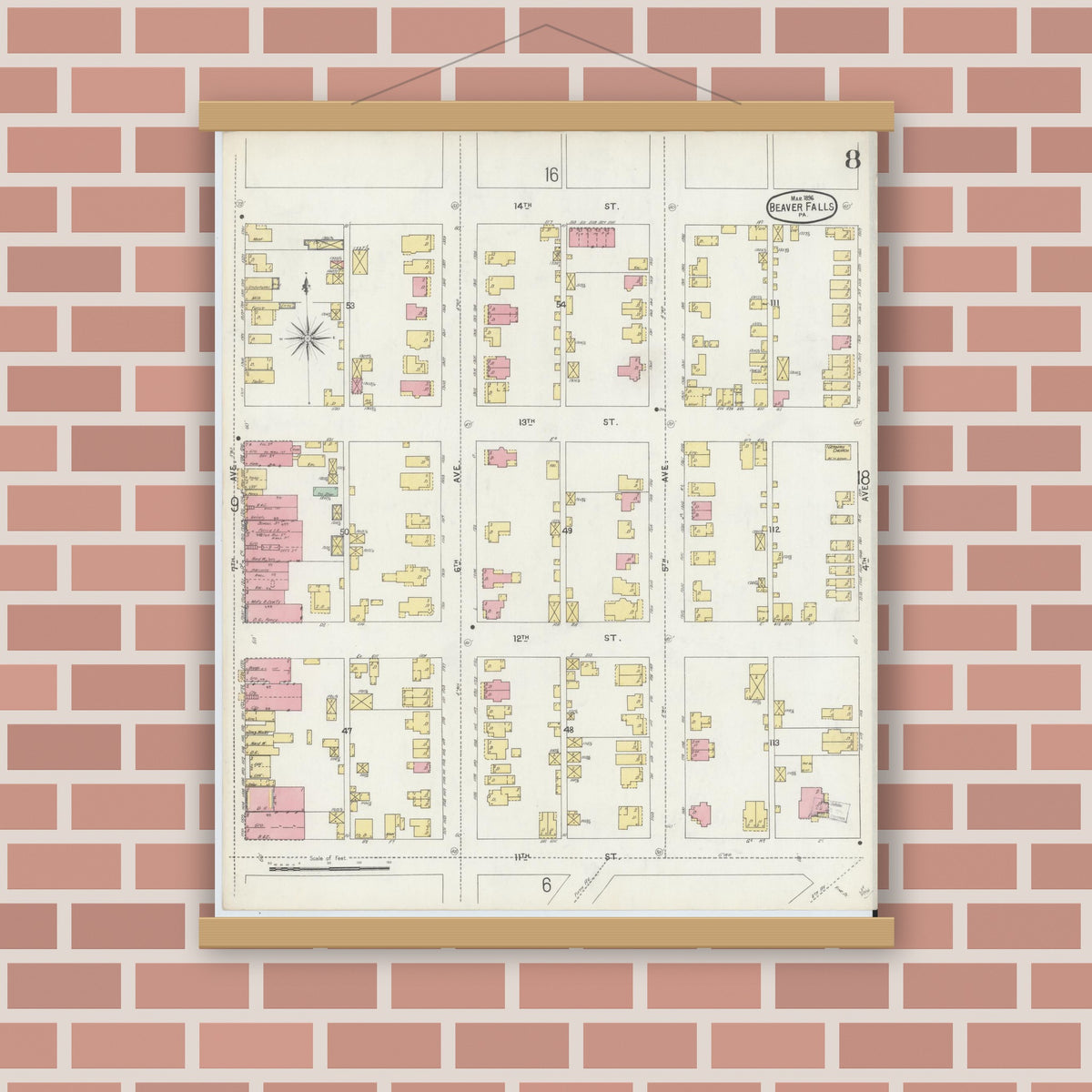 Old map wall art mockup — magnetic wood frame on brick wall — Sanborn Fire Insurance Map from Beaver Falls, Beaver County, Pennsylvania (1896), Sheet #0008