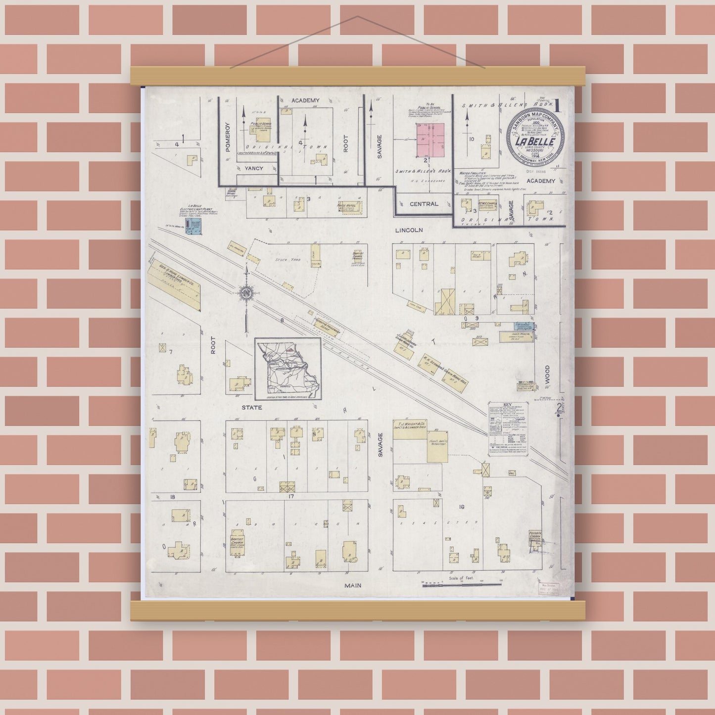Old map wall art mockup — magnetic wood frame on brick wall — Sanborn Fire Insurance Map from La Belle, Lewis County, Missouri (1914), Sheet #0001