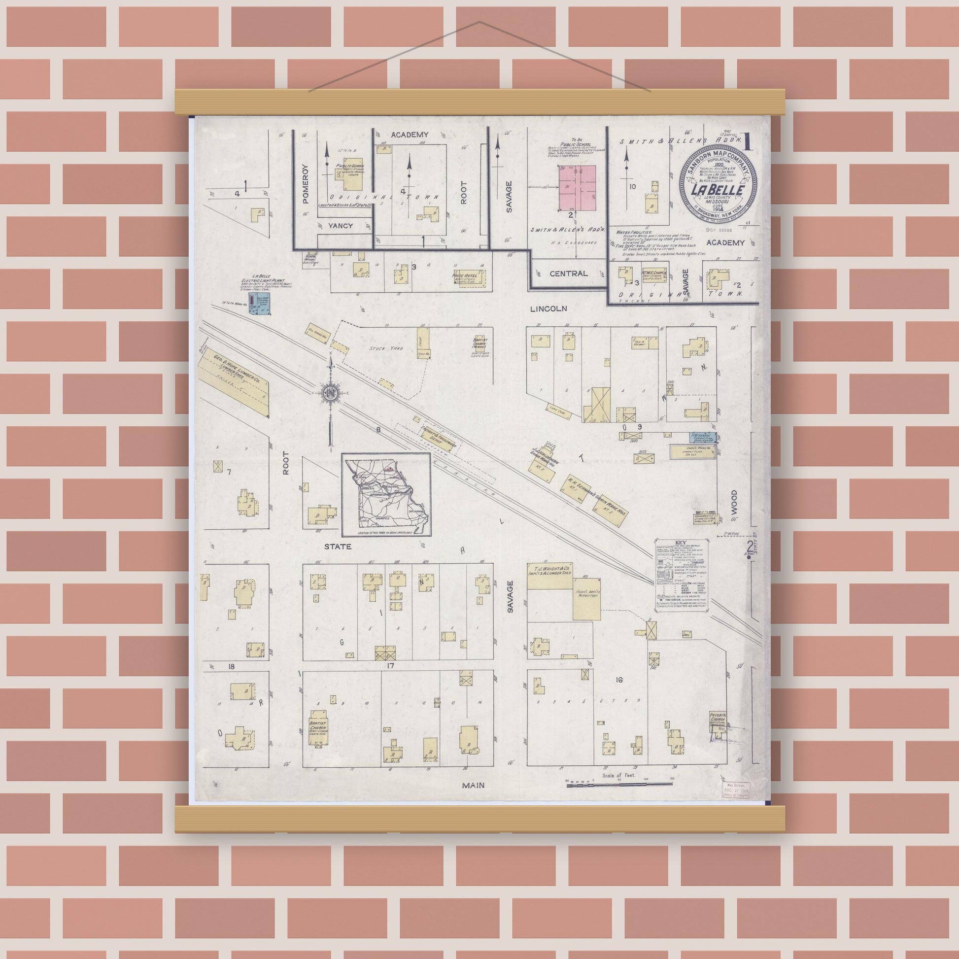 Old map wall art mockup — magnetic wood frame on brick wall — Sanborn Fire Insurance Map from La Belle, Lewis County, Missouri (1914), Sheet #0001