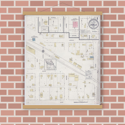 Old map wall art mockup — magnetic wood frame on brick wall — Sanborn Fire Insurance Map from La Belle, Lewis County, Missouri (1914), Sheet #0001