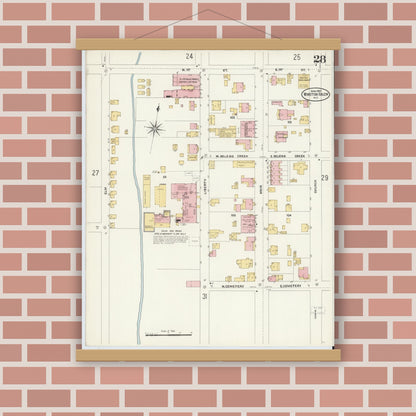 Old map wall art mockup — magnetic wood frame on brick wall — Sanborn Fire Insurance Map from Winston-Salem, Forsyth County, North Carolina (1907), Sheet #0028