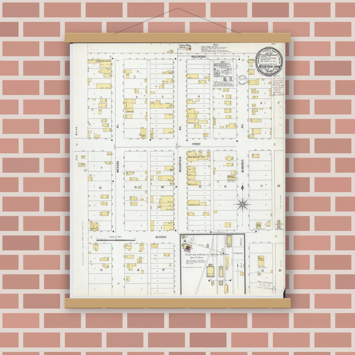 Old map wall art mockup — magnetic wood frame on brick wall — Sanborn Fire Insurance Map from Mountain Iron, Saint Louis County, Minnesota (1900), Sheet #0001
