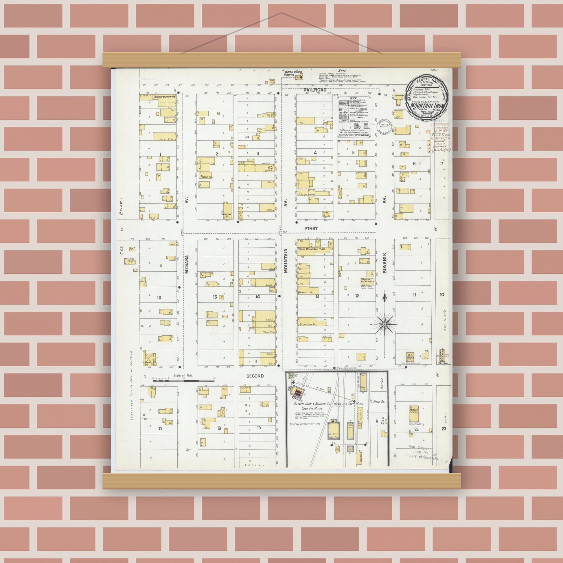 Old map wall art mockup — magnetic wood frame on brick wall — Sanborn Fire Insurance Map from Mountain Iron, Saint Louis County, Minnesota (1900), Sheet #0001