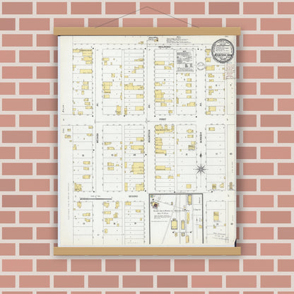 Old map wall art mockup — magnetic wood frame on brick wall — Sanborn Fire Insurance Map from Mountain Iron, Saint Louis County, Minnesota (1900), Sheet #0001