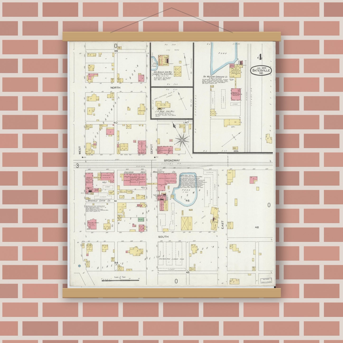Old map wall art mockup — magnetic wood frame on brick wall — Sanborn Fire Insurance Map from Batesville, Ripley County, Indiana (1899), Sheet #0004
