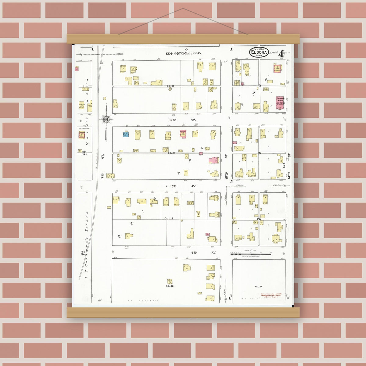 Old map wall art mockup — magnetic wood frame on brick wall — Sanborn Fire Insurance Map from Eldora, Hardin County, Iowa (1920), Sheet #0004