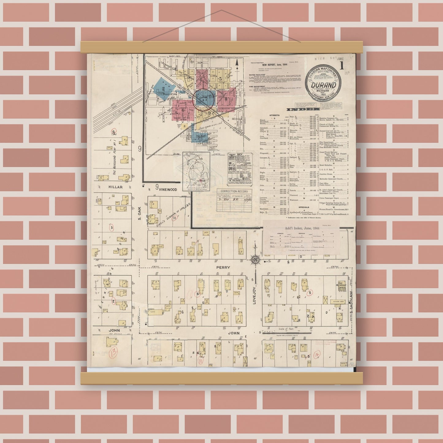 Old map wall art mockup — magnetic wood frame on brick wall — Sanborn Fire Insurance Map from Durand, Shiawassee County, Michigan (1944) - Complete Map Set