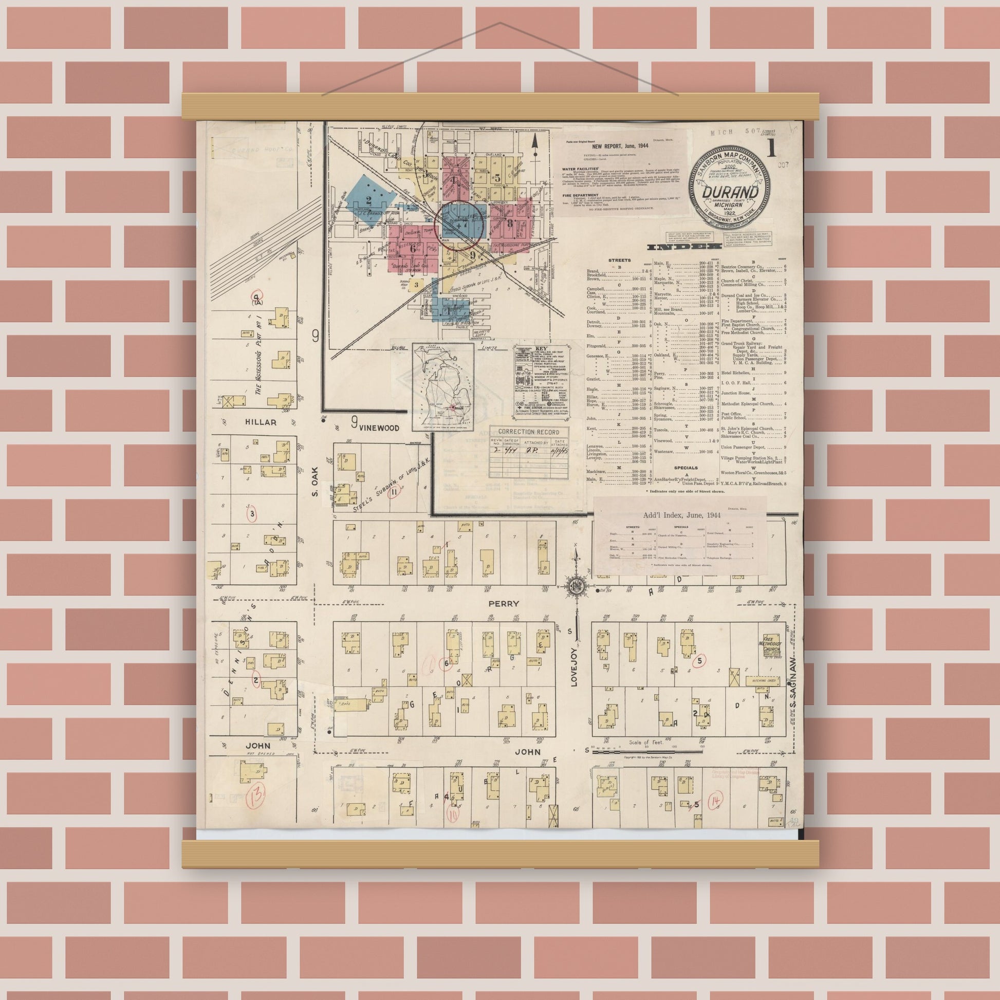 Old map wall art mockup — magnetic wood frame on brick wall — Sanborn Fire Insurance Map from Durand, Shiawassee County, Michigan (1944) - Complete Map Set