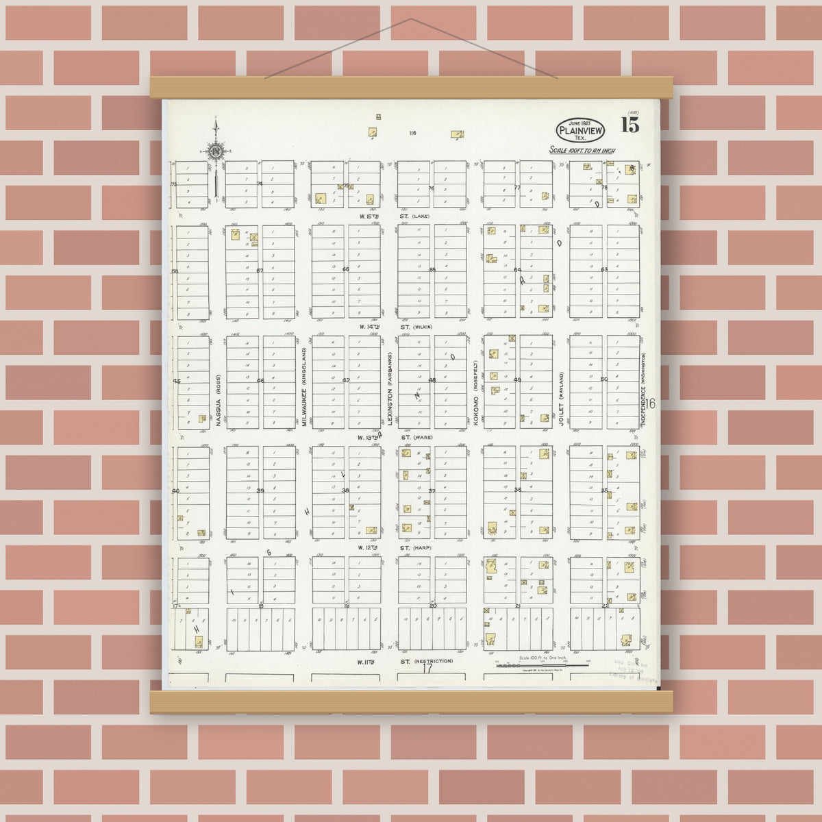 Old map wall art mockup — magnetic wood frame on brick wall — Sanborn Fire Insurance Map from Plainview, Hale County, Texas (1921), Sheet #0015