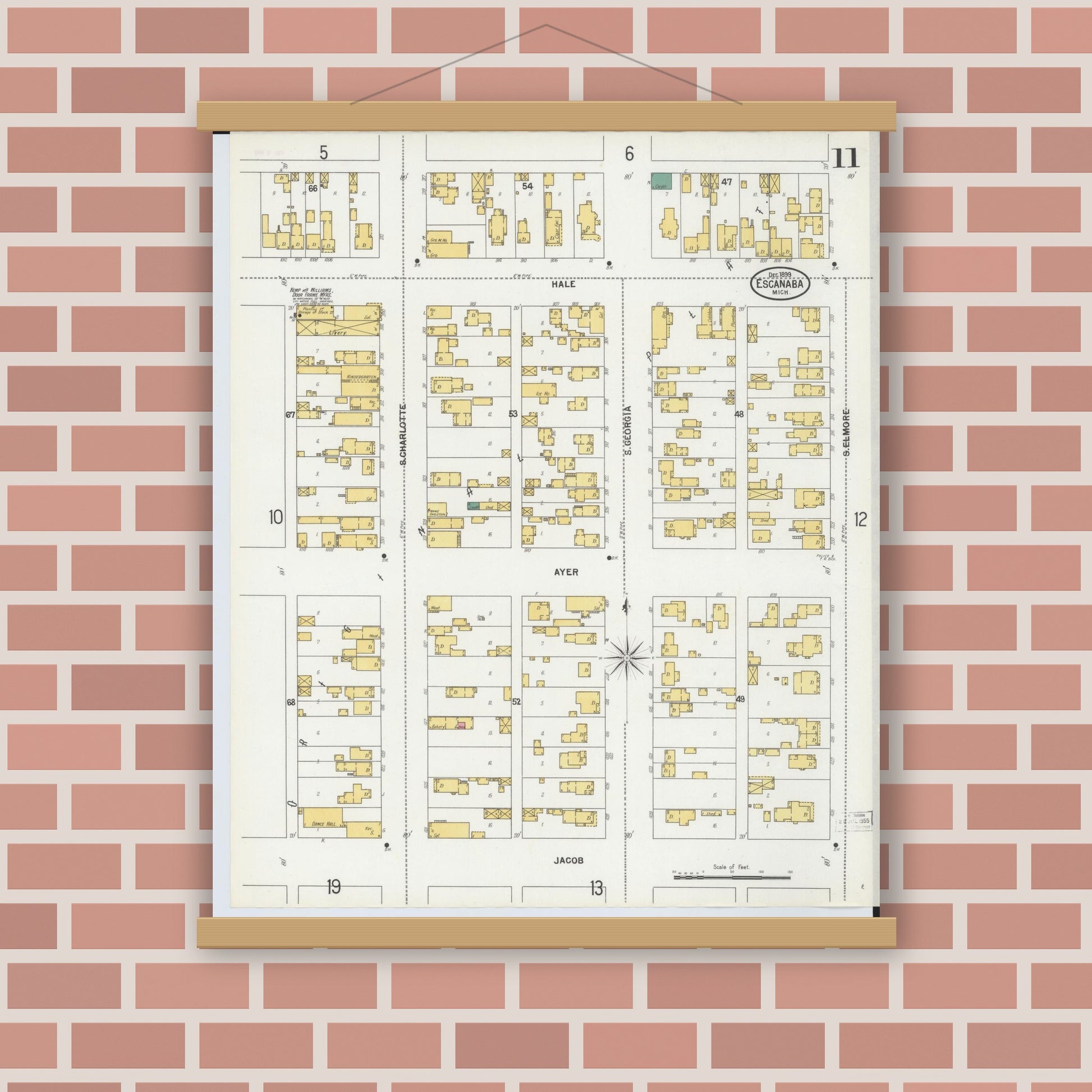 Old map wall art mockup — magnetic wood frame on brick wall — Sanborn Fire Insurance Map from Escanaba, Delta County, Michigan (1899), Sheet #0011