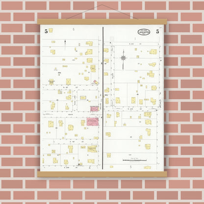 Old map wall art mockup — magnetic wood frame on brick wall — Sanborn Fire Insurance Map from Lancaster, Dallas County, Texas (1928), Sheet #0005