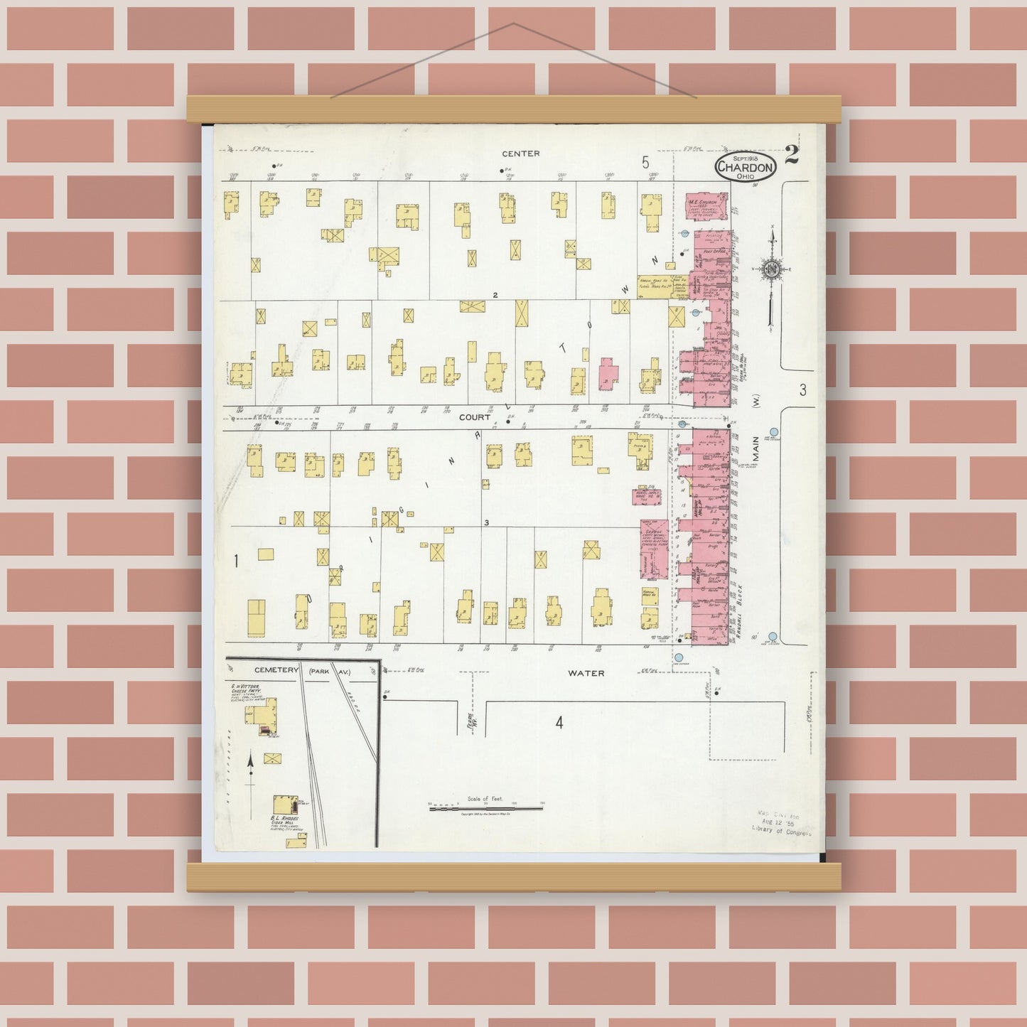 Old map wall art mockup — magnetic wood frame on brick wall — Sanborn Fire Insurance Map from Chardon, Geauga County, Ohio (1918), Sheet #0002