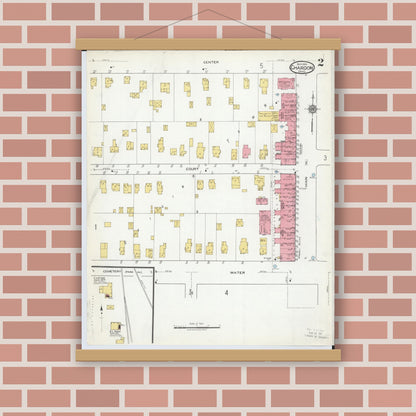 Old map wall art mockup — magnetic wood frame on brick wall — Sanborn Fire Insurance Map from Chardon, Geauga County, Ohio (1918), Sheet #0002