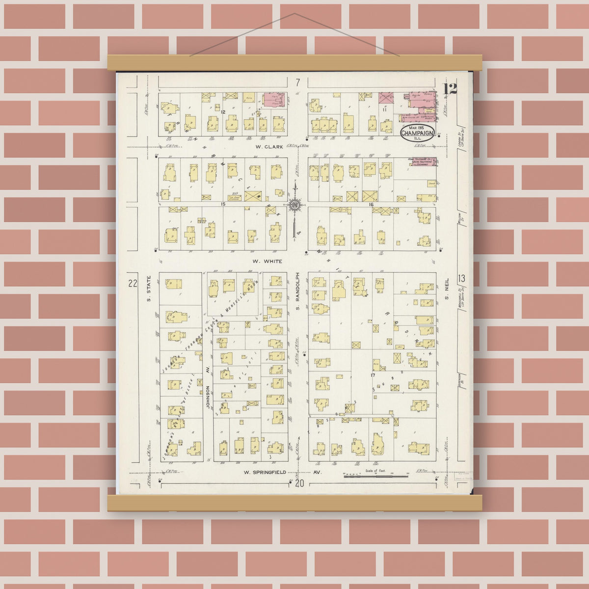Old map wall art mockup — magnetic wood frame on brick wall — Sanborn Fire Insurance Map from Champaign, Champaign County, Illinois (1915), Sheet #0012
