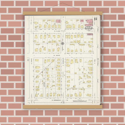 Old map wall art mockup — magnetic wood frame on brick wall — Sanborn Fire Insurance Map from Champaign, Champaign County, Illinois (1915), Sheet #0012