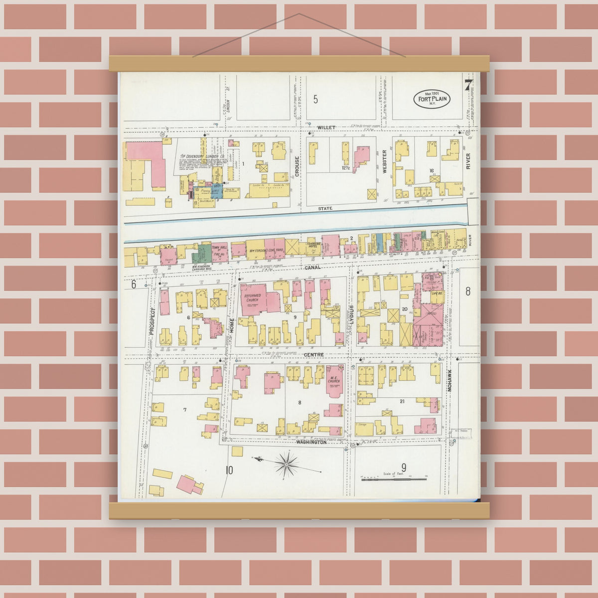 Old map wall art mockup — magnetic wood frame on brick wall — Sanborn Fire Insurance Map from Fort Plain, Montgomery County, New York (1901), Sheet #0007