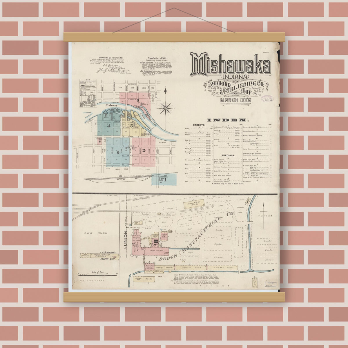 Old map wall art mockup — magnetic wood frame on brick wall — Sanborn Fire Insurance Map from Mishawaka, Saint Joseph County, Indiana (1886), Sheet #0001