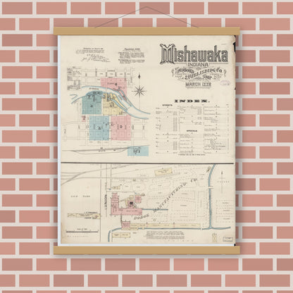Old map wall art mockup — magnetic wood frame on brick wall — Sanborn Fire Insurance Map from Mishawaka, Saint Joseph County, Indiana (1886), Sheet #0001