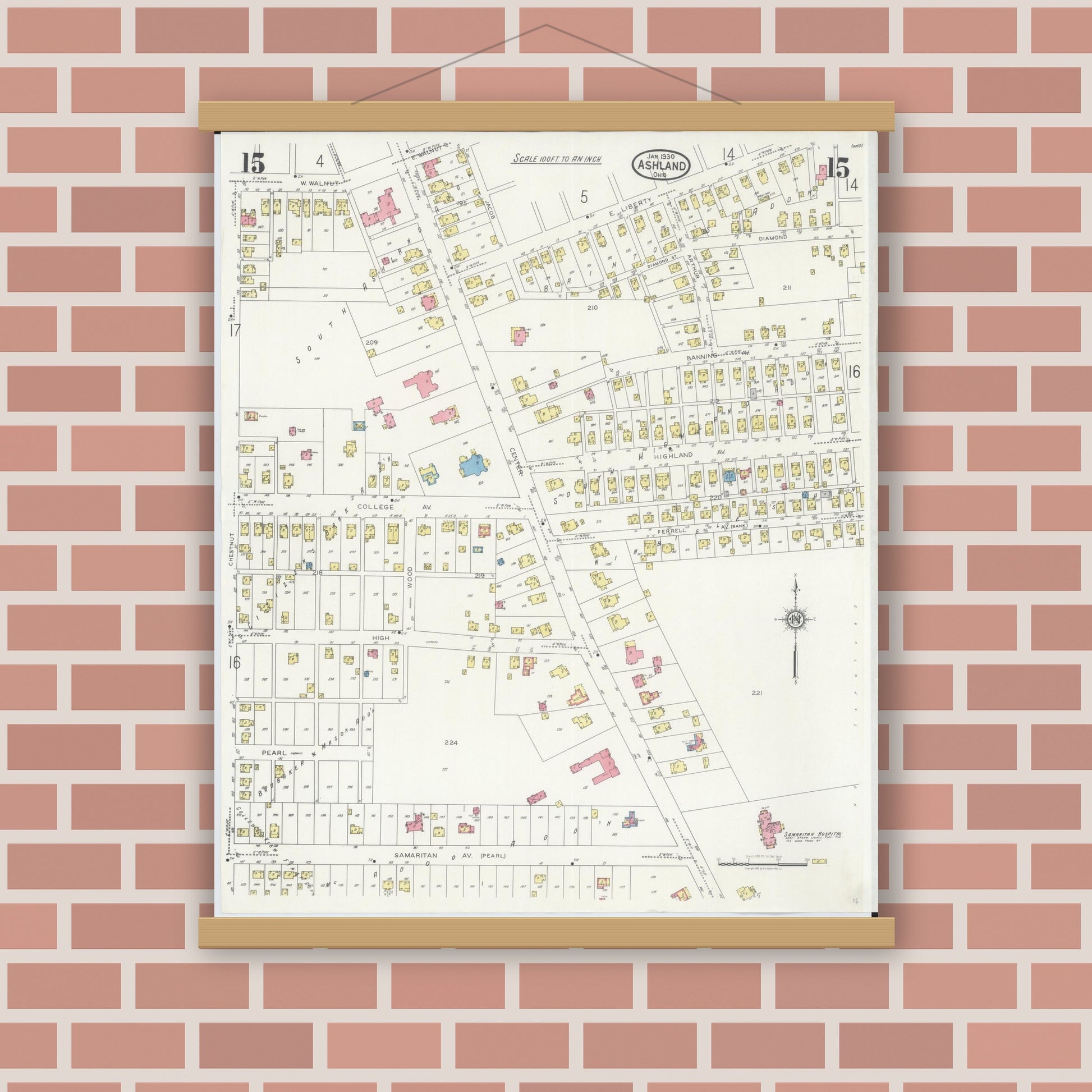 Old map wall art mockup — magnetic wood frame on brick wall — Sanborn Fire Insurance Map from Ashland, Ashland County, Ohio (1930), Sheet #0015