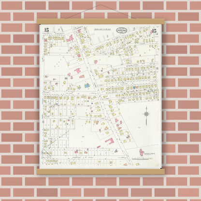Old map wall art mockup — magnetic wood frame on brick wall — Sanborn Fire Insurance Map from Ashland, Ashland County, Ohio (1930), Sheet #0015