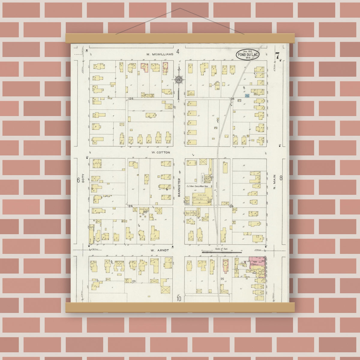 Old map wall art mockup — magnetic wood frame on brick wall — Sanborn Fire Insurance Map from Fond du Lac, Fond du Lac County, Wisconsin (1915), Sheet #0007