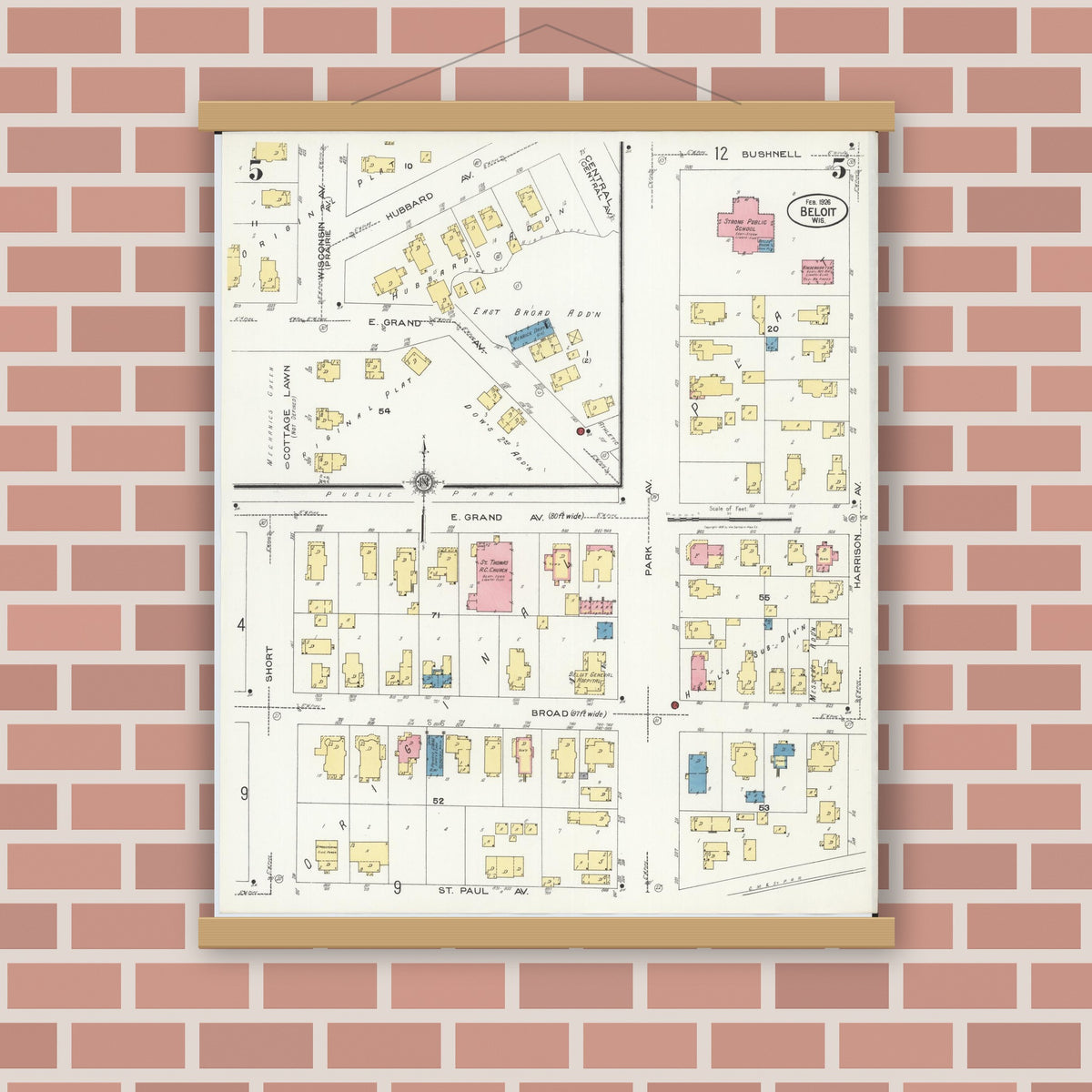 Old map wall art mockup — magnetic wood frame on brick wall — Sanborn Fire Insurance Map from Beloit, Rock County, Wisconsin (1926), Sheet #0005