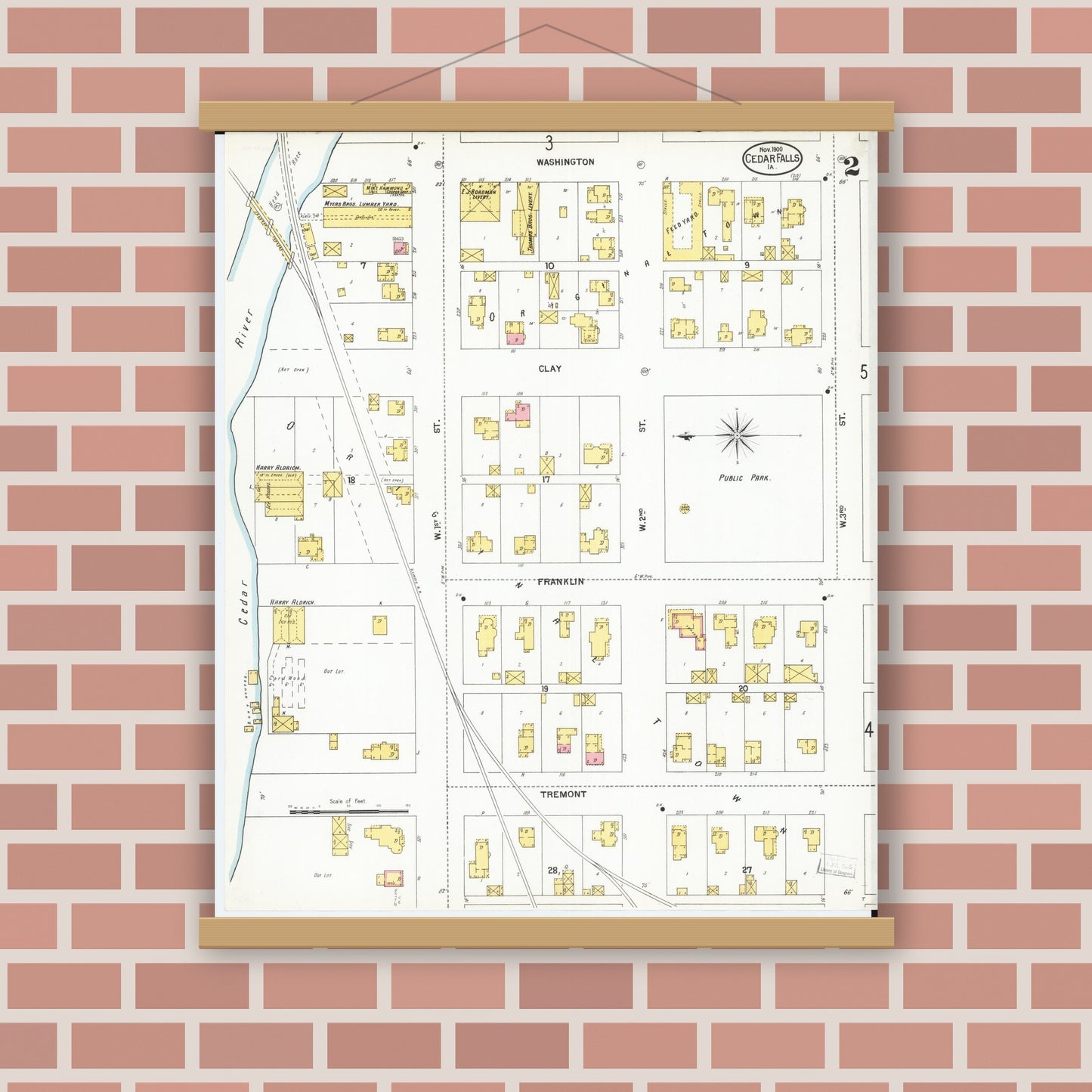 Old map wall art mockup — magnetic wood frame on brick wall — Sanborn Fire Insurance Map from Cedar Falls, Black Hawk County, Iowa (1900), Sheet #0002