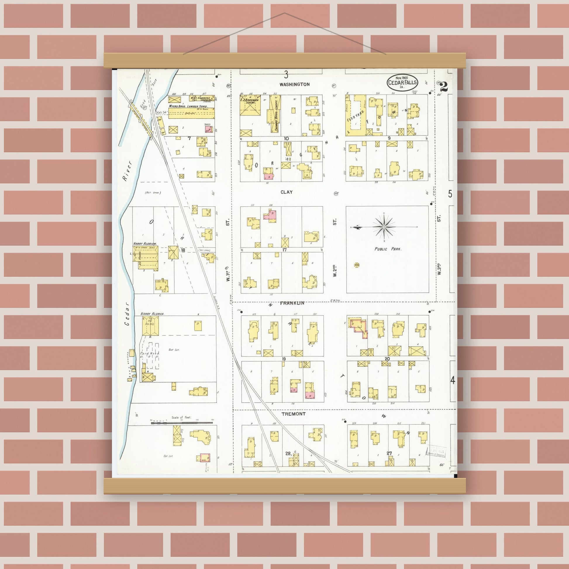 Old map wall art mockup — magnetic wood frame on brick wall — Sanborn Fire Insurance Map from Cedar Falls, Black Hawk County, Iowa (1900), Sheet #0002