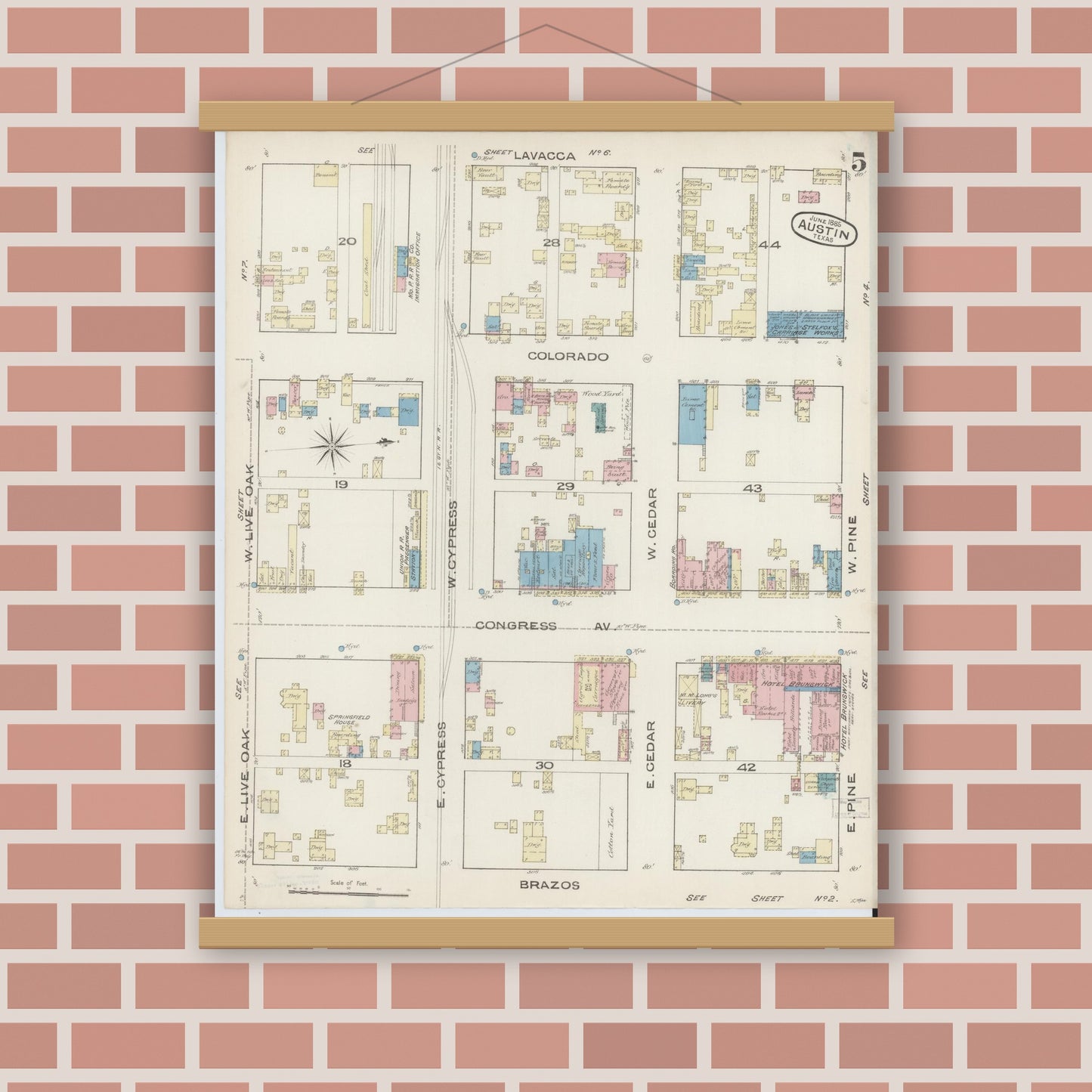 Old map wall art mockup — magnetic wood frame on brick wall — Sanborn Fire Insurance Map from Austin, Travis County, Texas (1885), Sheet #0005