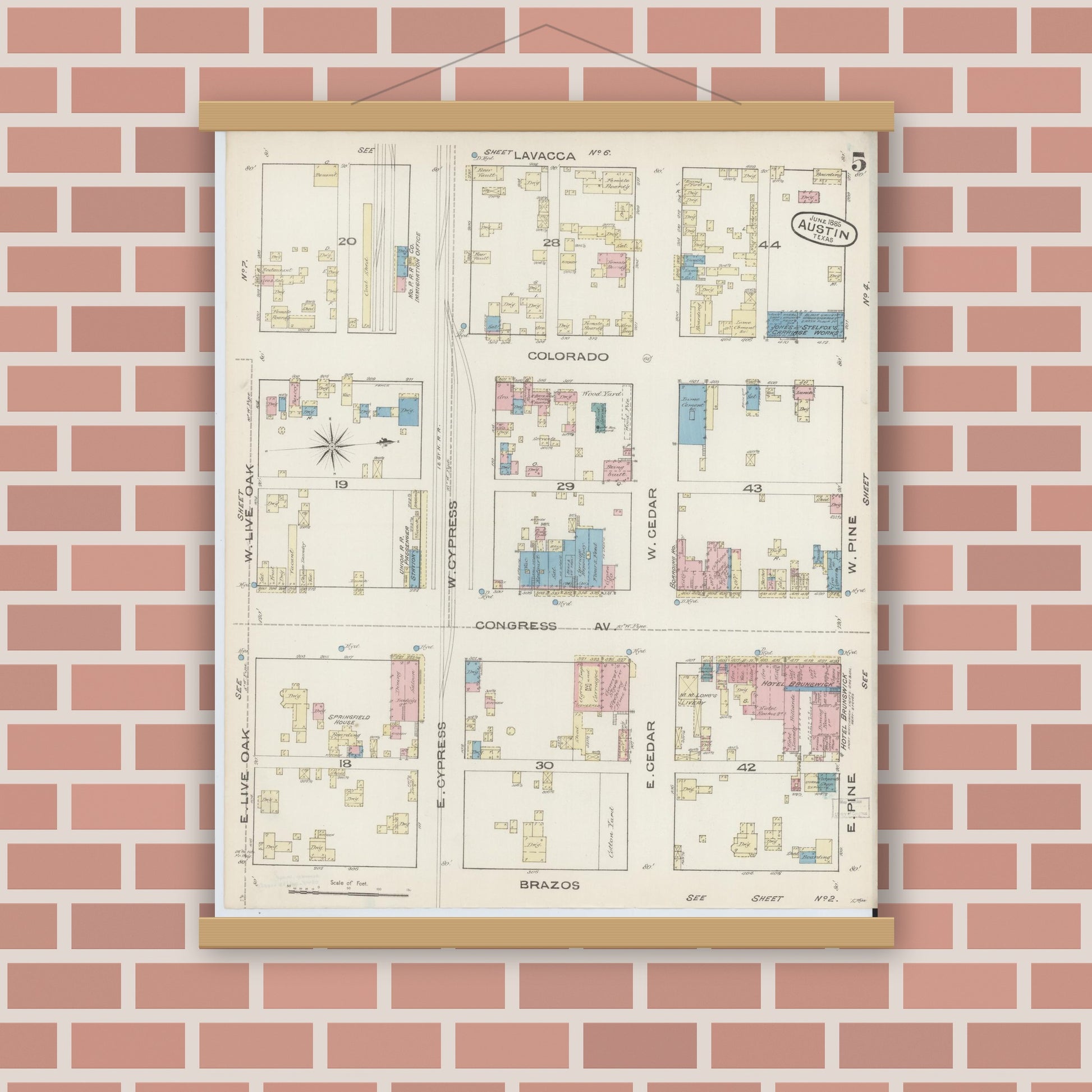 Old map wall art mockup — magnetic wood frame on brick wall — Sanborn Fire Insurance Map from Austin, Travis County, Texas (1885), Sheet #0005
