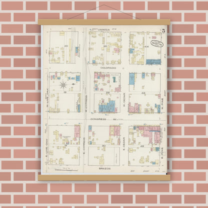 Old map wall art mockup — magnetic wood frame on brick wall — Sanborn Fire Insurance Map from Austin, Travis County, Texas (1885), Sheet #0005