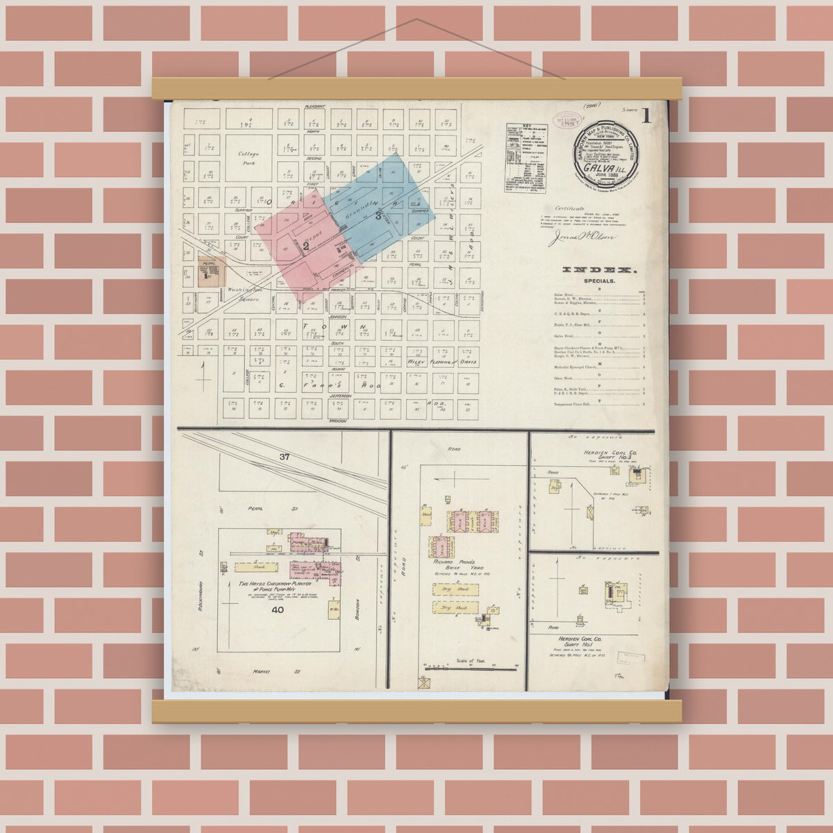 Old map wall art mockup — magnetic wood frame on brick wall — Sanborn Fire Insurance Map from Galva, Henry County, Illinois (1888) - Complete Map Set