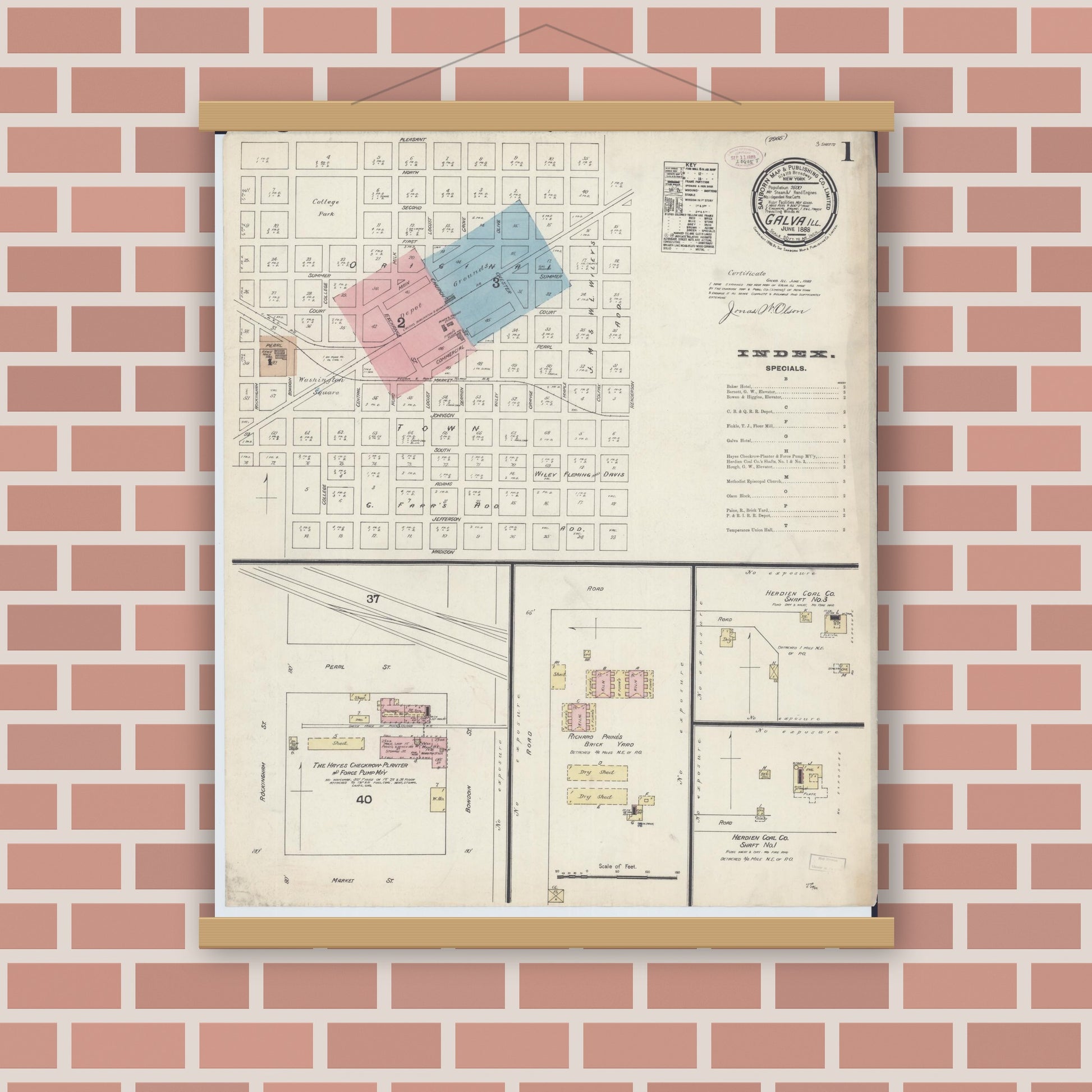 Old map wall art mockup — magnetic wood frame on brick wall — Sanborn Fire Insurance Map from Galva, Henry County, Illinois (1888) - Complete Map Set
